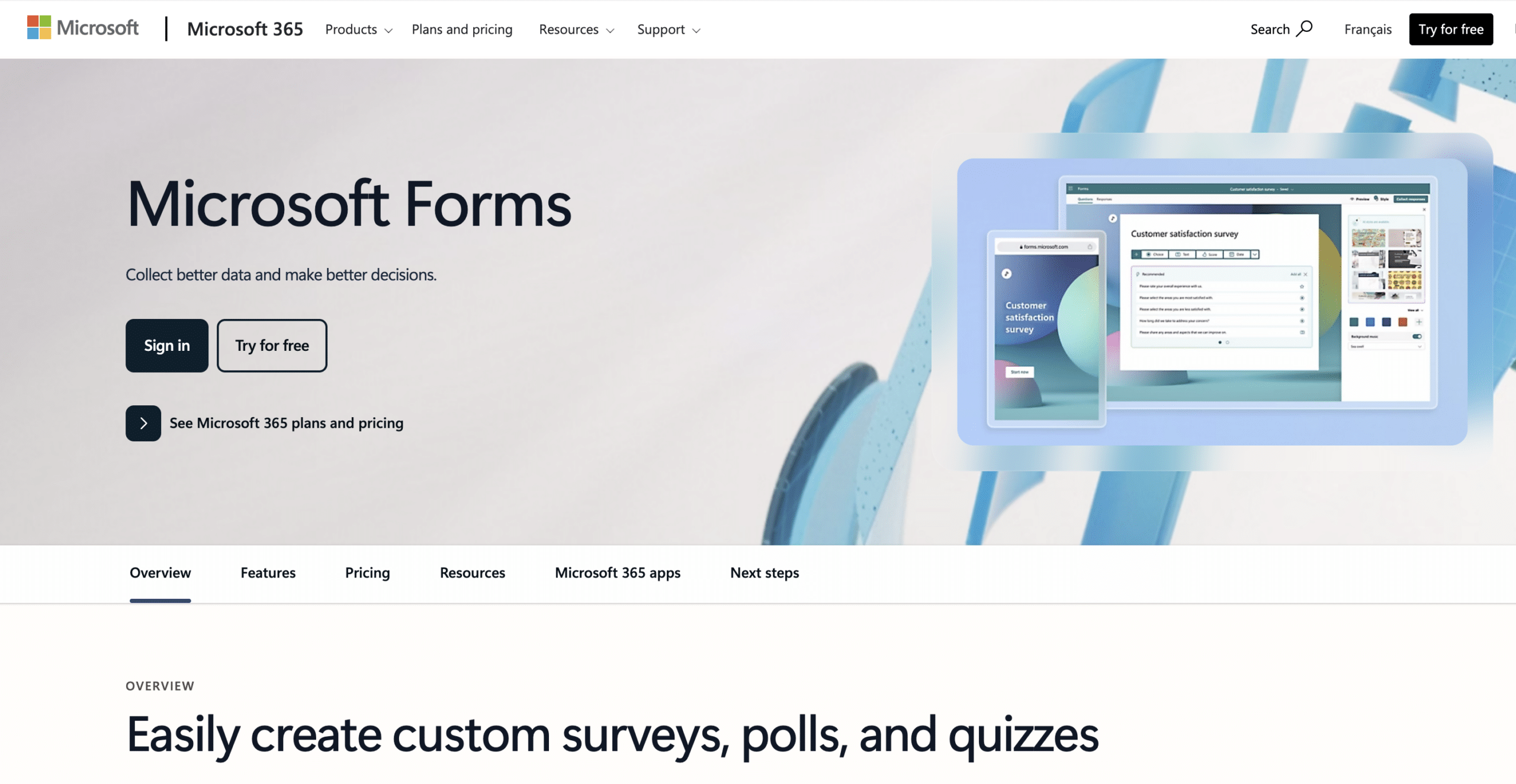 Microsoft welcome page for Forms